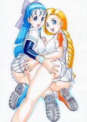 Rule 34 | 2girls, absurdres, armband, ass, ass grab, bad id, bianca (dq5), blonde hair, blue eyes, blue hair, bow, braid, contemporary, dragon quest, dragon quest v, flora (dq5), from behind, grabbing another&#039;s ass, groping, hair bow, holding hands, hayami jin, highres, layered clothes, long hair, looking at viewer, looking back, multiple girls, open mouth, panties, pleated skirt, shirt, shoes, skirt, smile, socks, t-shirt, underwear, upskirt, white background, white panties