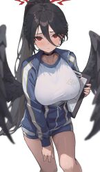 Rule 34 | 1girl, absurdres, black hair, black wings, blue archive, blue jacket, blue shorts, blush, breasts, choker, collarbone, hair between eyes, halo, hasumi (blue archive), hasumi (track) (blue archive), highres, jacket, large breasts, long hair, long sleeves, looking at viewer, mole, mole under eye, namake (nmk44300), official alternate costume, red eyes, red halo, shorts, simple background, solo, track jacket, very long hair, white background, wings
