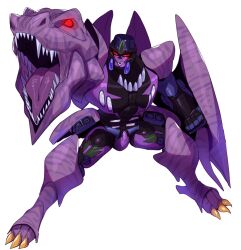 Rule 34 | 0lightsource, 1boy, beast wars, beast wars: transformers, claws, full body, glowing, glowing eyes, highres, male focus, mecha, megatron (beast wars), no humans, open mouth, predacon, red eyes, robot, science fiction, sharp teeth, solo, teeth, transformers, white background