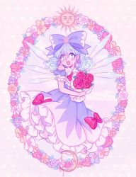Rule 34 | 1girl, blue eyes, blue hair, blue ribbon, blush, bouquet, bow, cirno, crescent moon, dreamysuite, dress, dress bow, fang, flower, frilled dress, frills, hair ornament, hair ribbon, highres, ice, ice wings, looking to the side, moon, open mouth, pinafore dress, puffy short sleeves, puffy sleeves, red bow, red neckwear, retro artstyle, ribbon, rose, short hair, short sleeves, sleeveless, sleeveless dress, snowflake hair ornament, solo, sun, touhou, wavy hair, wings