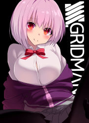 Rule 34 | 10s, 1girl, black background, blush, bow, breasts, brown pantyhose, closed mouth, collared shirt, commentary request, copyright name, grey skirt, gridman universe, hair between eyes, head tilt, highres, jacket, large breasts, off shoulder, pantyhose, pink hair, pleated skirt, purple jacket, ratsuku kinoko, red bow, red eyes, shinjou akane, shirt, simple background, skirt, smile, solo, spread legs, ssss.gridman, white shirt
