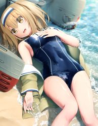 Rule 34 | 10s, 1girl, :d, bare legs, bare shoulders, beach, blazer, breasts, brown eyes, brown hair, brown jacket, character name, covered navel, goribote, hairband, hand on breast, hand on own chest, i-26 (kancolle), jacket, kantai collection, long sleeves, looking at viewer, lying, machinery, md5 mismatch, medium breasts, name tag, new school swimsuit, off shoulder, on back, one-piece swimsuit, open clothes, open jacket, open mouth, outdoors, sand, school swimsuit, shiny clothes, short hair, smile, solo, swimsuit, tareme, twintails, two-tone hairband, unzipped, water, water drop