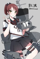 Rule 34 | 1girl, adapted turret, black sailor collar, black skirt, brown eyes, brown hair, cannon, character name, commentary request, grey background, highres, ichimonme (ichi), kantai collection, looking at viewer, machinery, pleated skirt, ponytail, sailor collar, school uniform, serafuku, shikinami (kancolle), shikinami kai ni (kancolle), simple background, skirt, smokestack, solo, torpedo launcher, turret, twitter username, v
