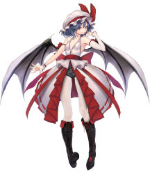 Rule 34 | 1girl, absurdres, alternate costume, armpits, bare shoulders, black footwear, black shorts, blue hair, boots, breasts, commentary request, cross-laced footwear, demon wings, detached sleeves, dress, fang, front slit, grin, hand to own mouth, hand up, hat, hat ribbon, highres, knee boots, lace-up boots, medium hair, mob cap, pantyhose, red eyes, red ribbon, remilia scarlet, ribbon, ribbon-trimmed dress, shoe soles, short shorts, shorts, simple background, slit pupils, small breasts, smile, solo, sudako (dai011305), touhou, vampire, white background, white dress, white pantyhose, wings