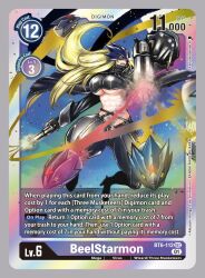 Rule 34 | 1girl, ankle gun, artist name, beelstarmon, beelzebumon, black coat, black gloves, black pants, black scarf, black sclera, blonde hair, breasts, bullet, card (medium), character name, coat, colored sclera, commentary, copyright name, crop top, digimon, digimon card game, dual wielding, english commentary, english text, eye mask, firing, gloves, gun, high heels, highres, holding, holding gun, holding weapon, huge breasts, long hair, midriff, multiple barrel gun, navel, pants, red eyes, scarf, second-party source, smoke trail, solo, third eye, underboob, watanabe kenji, weapon