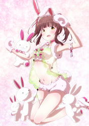 Rule 34 | 10s, 1girl, animal, animal ears, breasts, brown eyes, brown hair, commentary request, fake animal ears, idolmaster, idolmaster cinderella girls, mittens, navel, numahito, ogata chieri, open mouth, rabbit, rabbit ears, rabbit tail, short hair, short shorts, shorts, small breasts, smile, solo, tail, twintails