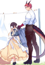 Rule 34 | 1boy, 1girl, ao no neko, apron, black hair, clothesline, covered face, dragon boy, dragon tail, flying sweatdrops, from behind, full body, grass, height difference, highres, horns, looking at another, maid, maid apron, original, outdoors, pants, pinstripe ribbon, pointy ears, profile, puffy short sleeves, puffy sleeves, red hair, ribbon, shirt, short sleeves, standing, striped ribbon, tail, white shirt, yellow ribbon
