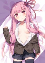 Rule 34 | 1girl, bed sheet, black skirt, blush, breasts, brown cardigan, cardigan, closed mouth, collarbone, hair ornament, highres, kotonoha akane, long hair, long sleeves, looking at viewer, miniskirt, no bra, open cardigan, open clothes, partially unbuttoned, pink eyes, pink hair, shirt, skirt, sleeves past wrists, small breasts, smile, solo, straight hair, thighhighs, unbuttoned, unbuttoned shirt, very long hair, voiceroid, white shirt, yukarite, zettai ryouiki