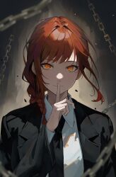 Rule 34 | 1girl, black necktie, black suit, blurry, braid, braided ponytail, chain, chainsaw man, closed mouth, collared shirt, commentary, depth of field, eyelashes, finger to mouth, formal, grey background, hair intakes, hair over shoulder, hand up, highres, index finger raised, komura hiroto, light smile, long hair, long sleeves, looking at viewer, low ponytail, makima (chainsaw man), necktie, orange eyes, red hair, ringed eyes, shirt, shushing, simple background, solo, straight-on, suit, swept bangs, upper body, white shirt, wide sleeves