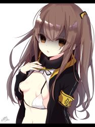 Rule 34 | 1girl, armband, bad id, bad pixiv id, black jacket, black ribbon, bra, breasts, brown eyes, brown hair, clothes lift, commentary request, empty eyes, girls&#039; frontline, hair between eyes, hair ornament, highres, jacket, letterboxed, lifted by self, long hair, looking at viewer, navel, neck ribbon, one side up, open clothes, open jacket, oversized clothes, parted lips, ramchi, ribbon, scar, scar across eye, scar on face, shaded face, shirt, shirt lift, signature, small breasts, solo, ump45 (girls&#039; frontline), underwear, upper body, very long hair, white background, white bra, white shirt