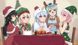 Rule 34 | 10s, 5girls, :o, ^ ^, animal costume, animal ears, antlers, apron, aqua hair, bang dream!, bell, black hair, blonde hair, blue apron, blue hair, brown gloves, cake, capelet, chair, chicken (food), chicken hat, christmas, christmas tree costume, clenched hands, closed eyes, commentary request, costume, cup, deer ears, dress, drinking glass, elf hat, far is a, food, fur-trimmed capelet, fur-trimmed sleeves, fur trim, gloves, green eyes, green headwear, half updo, hat, highres, hikawa sayo, holding, holding cup, holding plate, horns, jingle bell, long hair, long sleeves, looking at another, maruyama aya, matsubara kanon, multiple girls, neck bell, own hands together, pink eyes, pink hair, plate, pom pom (clothes), purple eyes, red capelet, red headwear, red nose, reindeer antlers, reindeer costume, santa dress, santa hat, shirasagi chisato, shirokane rinko, sitting, sleeveless, sleeveless dress, smile, star (symbol), table