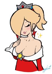 Rule 34 | 1girl, alternate costume, alternate hairstyle, ass, blonde hair, blue eyes, blush, breasts, cleavage, covered navel, dress, fire rosalina, hair over one eye, large breasts, long hair, looking back, low-cut, mario (series), nintendo, open mouth, ponytail, rosalina, smile, super mario 3d world, toggy keiichi