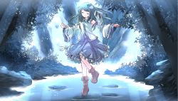 Rule 34 | 1girl, ^ ^, detached sleeves, closed eyes, forest, frog hair ornament, green hair, hair ornament, highres, kochiya sanae, long hair, long sleeves, moonlight, nature, outstretched arms, pond, risutaru, shirt, skirt, smile, snake hair ornament, solo, standing, standing on one leg, stone, touhou, wide sleeves