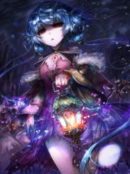 Rule 34 | 1girl, blank eyes, blood, blood on hands, blue hair, breasts, brown eyes, chest tattoo, cleavage, dawito, dress, fire, glowing, glowing eyes, highres, holding, holding lantern, lantern, lens flare, long hair, low twintails, medium breasts, night, original, outdoors, parted lips, pink dress, pink eyes, red eyes, shaded face, snow, solo focus, standing, tattoo, torn clothes, torn dress, twintails, very long hair, white eyes, wind