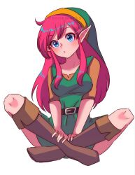 Rule 34 | 1girl, :o, ahoge, belt, black belt, blue eyes, boots, breasts, brown footwear, brown sleeves, collarbone, commentary, elf, english commentary, eyelashes, genderswap, genderswap (mtf), green hat, green tunic, hair between eyes, hands on own legs, hat, highres, indian style, knee boots, knees, light blush, link (shounen captain), long bangs, long hair, looking at viewer, medium breasts, nintendo, nonoworks, parted lips, pink hair, pointy ears, sidelocks, signature, simple background, sitting, the legend of zelda, the legend of zelda (nes), tunic, twitter username, watermark, white background