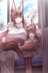 Rule 34 | 2girls, absurdres, amagi-chan (azur lane), amagi (azur lane), animal ears, azur lane, blush, brown hair, casual, closed eyes, coat, day, eyeshadow, flower, fox ears, fox girl, fox tail, fur-trimmed coat, fur-trimmed hood, fur trim, hair between eyes, hair flower, hair ornament, hairpin, half-closed eyes, hand on another&#039;s head, headpat, highres, hood, indoors, kitsune, long hair, makeup, mother and daughter, multiple girls, multiple tails, musical note, open mouth, purple eyes, red eyeshadow, samip, sitting, slit pupils, smile, spoken musical note, tail, tail cover, very long hair, white flower, winter clothes, winter coat