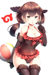 Rule 34 | 10s, 1girl, absurdres, ball, bare shoulders, black gloves, breasts, brown hair, cleavage, collarbone, commentary request, detached sleeves, elbow gloves, gloves, green eyes, highres, kanzakietc, kemono friends, large breasts, looking at viewer, northern fur seal (kemono friends), solo, thighhighs