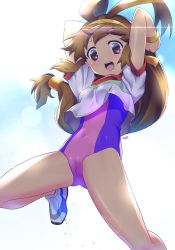 Rule 34 | 1girl, antenna hair, arms up, backlighting, battle athletes, breasts, brown hair, covered navel, crop top, day, female focus, hairband, highres, himehachi (hime8manga), jumping, kanzaki akari, leotard, leotard under clothes, long hair, low-tied long hair, multicolored leotard, outdoors, purple eyes, shirt, shoes, sidelocks, signature, small breasts, solo, sunlight, yellow hairband