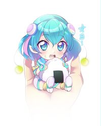 Rule 34 | 1girl, absurdres, blue eyes, blue gloves, blue hair, blush, commentary request, eating, fingerless gloves, food, gloves, hagoromo lala, highres, in palm, mini person, minigirl, mitsuki tayura, onigiri, open mouth, pointy ears, precure, short hair, sitting on hand, solo, star-shaped pupils, star (symbol), star twinkle precure, symbol-shaped pupils, white background