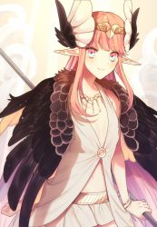 Rule 34 | 1girl, breasts, circe (fate), fate/grand order, fate (series), gradient eyes, highres, ikumo24, looking at viewer, multicolored eyes, pink hair, pointy ears, small breasts, smile, solo, staff, stomach, upper body, wings