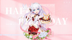 Rule 34 | 1girl, 2023, animal, bare shoulders, bird, birthday cake, blue eyes, breasts, cake, character name, chinese commentary, dress, english text, flower, food, fork, fruit, happy birthday, highres, holding, holding cake, holding food, holding fork, homu (honkai impact), honkai (series), honkai impact 3rd, long hair, looking at viewer, mandarin orange, official art, official wallpaper, plate, small breasts, solo, strawberry, teeth, theresa apocalypse, theresa apocalypse (celestial hymn), upper teeth only, white flower, white hair, white headwear