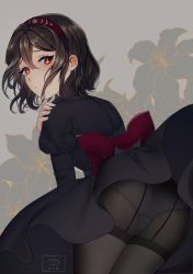 Rule 34 | 1girl, ass, awee, black dress, black hair, black pantyhose, bow, commentary, doppelganger (monster girl encyclopedia), dress, floral background, from behind, grey background, hair between eyes, hairband, highres, juliet sleeves, leaning forward, long sleeves, looking at viewer, looking back, mixed-language commentary, monster girl encyclopedia, panties, panties under pantyhose, pantyhose, puffy sleeves, red bow, red eyes, red hairband, short hair, simple background, solo, symbol-only commentary, thighband pantyhose, underwear, waist bow, white panties