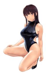 Rule 34 | 1girl, akagi (kancolle), bare shoulders, blue one-piece swimsuit, blush, breasts, brown eyes, brown hair, hand on own thigh, highres, kantai collection, large breasts, long hair, looking at viewer, on one knee, one-piece swimsuit, smile, solo, swimsuit, wa (genryusui), white background
