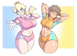 Rule 34 | 2girls, absurdres, arms behind head, blonde hair, blue eyes, breasts, brown hair, gage 199x, highres, large breasts, lipstick, looking at viewer, makeup, mario (series), midriff, multiple girls, navel, nintendo, outstretched arm, pink lips, ponytail, princess daisy, princess peach, short hair, shorts, smile, soccer uniform, sportswear, super mario strikers, thick thighs, thighs, toned, wide hips