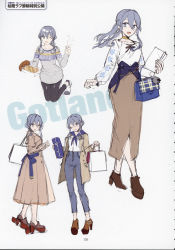 Rule 34 | 1girl, bag, blue eyes, blue hair, character sheet, coat, collarbone, drew (drew213g), earrings, full body, gotland (kancolle), hair bun, handbag, high heels, highres, jacket, jewelry, kantai collection, long hair, long sleeves, looking at viewer, mole, mole under eye, official alternate costume, official art, oven mitts, pointing, scan, shoes, shopping bag, single hair bun, sketch, smile, solo, sweater, white background, winter clothes, winter coat