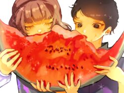 Rule 34 | 1boy, 1girl, black eyes, black hair, blunt bangs, brown hair, closed eyes, cometdreamer, commentary, eating, fear &amp; hunger, fear &amp; hunger 2: termina, food, fruit, highres, holding watermelon, levi (fear &amp; hunger), long hair, marina (fear &amp; hunger), oversized food, oversized object, short hair, simple background, sparkle, swept bangs, upper body, watermelon, watermelon slice, white background