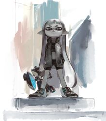 Rule 34 | 1girl, agent 3 (splatoon), arms at sides, artist name, bike shorts, blunt bangs, closed mouth, full body, greyscale, hanako515 ika, headphones, headphones around neck, hero shot (splatoon), highres, holding, holding weapon, inkling, inkling girl, inkling player character, jacket, long hair, long sleeves, looking at viewer, midriff, monochrome, navel, nintendo, open clothes, open jacket, pointy ears, shoes, short bangs, sneakers, solo, splatoon (series), spot color, standing, strapless, suction cups, tentacle hair, thick eyebrows, tube top, twintails, very long hair, weapon