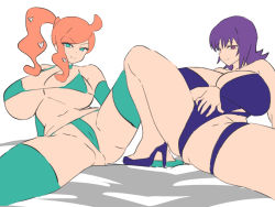 Rule 34 | 2girls, :&gt;, alternate breast size, arm support, ass, bare legs, bikini, blue one-piece swimsuit, breasts, cleavage, covered navel, creatures (company), curvy, dd (giogio99), game freak, gloves, highleg, highleg swimsuit, large breasts, long hair, looking at viewer, micro bikini, multiple boys, multiple girls, navel, nintendo, one-piece swimsuit, orange hair, philena ivy, pokemon, pokemon (anime), pokemon (classic anime), pokemon swsh, purple eyes, purple hair, side ponytail, simple background, skindentation, sonia (pokemon), spread legs, straddling, strapless, sweat, swimsuit, take your pick, thighs, thong bikini, white background, wide hips