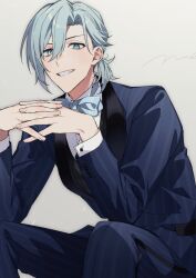 Rule 34 | 1boy, aiue o eiua, blue bow, blue bowtie, blue eyes, blue jacket, blue pants, bow, bowtie, brown background, grey hair, highres, idolish7, jacket, long sleeves, looking at viewer, low ponytail, male focus, medium hair, own hands together, pants, shirt, simple background, sitting, smile, solo, teeth, white shirt, yotsuba tamaki