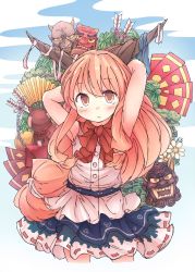 Rule 34 | 1girl, absurdres, arms behind head, arrow (projectile), belt, blue skirt, closed mouth, cropped legs, flower, folding fan, gourd, hand fan, highres, horn ornament, horn ribbon, horns, ibuki suika, kamotsu yasai, long hair, looking at viewer, low-tied long hair, mask, oni mask, orange eyes, orange hair, plant, red neckwear, ribbon, ribbon-trimmed skirt, ribbon trim, shirt, skirt, solo, standing, torn clothes, torn sleeves, touhou, white flower, white shirt