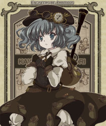 Rule 34 | 1girl, adapted costume, alternate color, alternate hair color, backpack, bag, belt, black gloves, bloomers, blue eyes, blue hair, character name, cowboy shot, english text, female focus, gears, gloves, grey eyes, grey hair, hat, iris anemone, kawashiro nitori, matching hair/eyes, pocket watch, short hair, solo, steampunk, telescope, touhou, twintails, two side up, underwear, watch