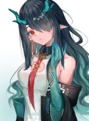Rule 34 | 1girl, arknights, arm tattoo, black hair, black jacket, clothing cutout, colored skin, commentary request, dragon girl, dragon horns, dress, dusk (arknights), earrings, eyes visible through hair, gradient background, green background, hair over one eye, hand up, highres, horns, jacket, jewelry, long hair, looking at viewer, off shoulder, open clothes, open jacket, pointy ears, red eyes, red neckwear, sleeveless, sleeveless dress, solo, tattoo, upper body, white background, white dress, yuzusawa oekaki
