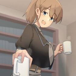 Rule 34 | 1girl, black shirt, blue eyes, breasts, brown hair, cup, grey neckerchief, intrepid (kancolle), kantai collection, large breasts, m.a.o, mug, neckerchief, one-hour drawing challenge, ponytail, shirt, short hair, solo, upper body