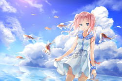 Rule 34 | 1girl, blue eyes, blue sky, cha chya, cloud, cloudy sky, collarbone, commentary, day, dress, english commentary, fang, fish, flying fish, highres, looking at viewer, medium hair, ocean, open mouth, original, outdoors, pink hair, scrunchie, sidelocks, skirt hold, sky, sleeveless, slit pupils, solo, sundress, sunlight, surreal, twintails, water drop, wet, white dress, wrist scrunchie