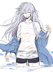 Rule 34 | 1girl, blush, coat, collarbone, commentary request, cowboy shot, dodome ichika, closed eyes, grey hair, heterochromia, long hair, looking at viewer, open mouth, original, partially submerged, shirt, shorts, simple background, smile, solo, standing, teeth, tongue, waka (shark waka), water, wet, wet clothes, wet shirt, white background
