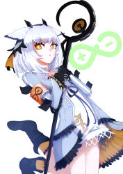 Rule 34 | 1girl, arknights, armband, black footwear, black gloves, boots, bright pupils, coat, commentary request, ddoomm1298, dress, feather hair, gloves, grey coat, highres, holding, holding staff, long hair, looking at viewer, open mouth, orange eyes, owl ears, owl girl, ptilopsis (arknights), rhine lab logo, solo, staff, white background, white dress, white hair, white pupils