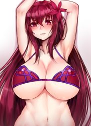 Rule 34 | 1girl, armpits, arms behind head, arms up, bikini, bikini top only, blush, breasts, cleavage, collarbone, eyebrows, fate/grand order, fate (series), flower, gradient background, hair flower, hair ornament, huge breasts, large breasts, light smile, long hair, looking at viewer, navel, nose blush, osiimi, parted lips, purple eyes, purple hair, red flower, scathach (fate), scathach (fate/grand order), scathach (swimsuit assassin) (fate), sidelocks, solo, swimsuit, thighhighs, underboob