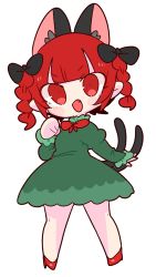 Rule 34 | 1girl, :d, animal ears, black bow, blush, bow, braid, cat ears, cat tail, chibi, dress, extra ears, fang, green dress, hair bow, highres, juliet sleeves, kaenbyou rin, long sleeves, multiple tails, nekomata, op na yarou, open mouth, puffy sleeves, red eyes, red hair, smile, solo, tail, touhou, twin braids