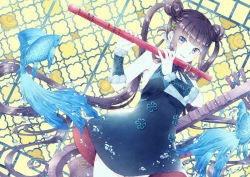 Rule 34 | 1girl, animal, arm warmers, armpits, bare shoulders, black hair, blue dress, blue eyes, blunt bangs, breasts, commentary request, double bun, dress, dutch angle, fate/grand order, fate (series), fish, flute, flying fish, hair bun, hair ornament, holding, holding instrument, instrument, long hair, looking at viewer, lute (instrument), medium breasts, parted lips, sideboob, sidelocks, solo, twintails, very long hair, water drop, yang guifei (fate), yang guifei (first ascension) (fate), yue natsuki