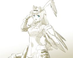 Rule 34 | 1girl, alice gear aegis, arm behind back, blue eyes, braid, breasts, cleavage, cleavage cutout, clenched hand, clothing cutout, crown braid, dress, from side, gloves, highres, holding, ishiyumi, long hair, mecha musume, medium breasts, merabuchi kanami, monochrome, open mouth, pointing, solo, spot color, unfinished, visor cap