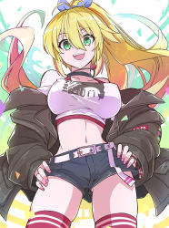 Rule 34 | 1girl, antenna hair, bare shoulders, belt, blonde hair, bow, breasts, cevio, choker, coat, green eyes, hair bow, highres, jewelry, kotuzui yositune, large breasts, long hair, looking at viewer, midriff, navel, necklace, open mouth, ponytail, shirt, shorts, sleeveless, sleeveless shirt, solo, thighhighs, tsurumaki maki, very long hair, voiceroid