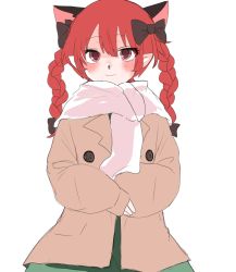 Rule 34 | 1girl, absurdres, animal ears, blush, braid, cat ears, highres, kaenbyou rin, kashiwara mana, light smile, looking at viewer, red eyes, red hair, scarf, simple background, solo, touhou, twin braids, white background, winter clothes
