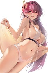 Rule 34 | 1girl, bikini, blush, bracelet, breasts, cameltoe, cleft of venus, damda, fate/grand order, fate (series), fingernails, flower, hair between eyes, hair flower, hair ornament, jewelry, large breasts, long hair, looking at viewer, nail polish, navel, open mouth, purple hair, red eyes, red nails, scathach (fate), scathach (fate), simple background, smile, solo, sweat, swimsuit, teeth, upper teeth only, white background, white bikini