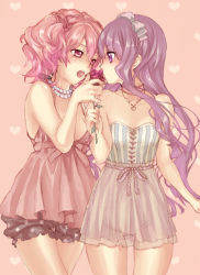 Rule 34 | 10s, 2girls, bad id, bad pixiv id, bare shoulders, bloomers, bow, collarbone, corset, eye contact, flower, hair bow, heart, holding, inu x boku ss, jewelry, long hair, looking at another, michudx, multiple girls, necklace, open mouth, pink background, pink eyes, pink hair, polka dot, purple eyes, purple hair, red flower, red rose, ribbon, roromiya karuta, rose, see-through, shirakiin ririchiyo, short hair, short twintails, simple background, skirt, sleeveless, strapless, striped, twintails, underwear, vertical stripes