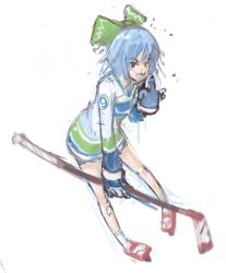 Rule 34 | circled 9, 1girl, bandaid, blue eyes, blue hair, bow, cirno, gloves, hair bow, hockey stick, ice hockey, ice skates, matching hair/eyes, middle finger, missing tooth, national hockey league, panties (pantsu-pirate), pointing, pointing at self, short hair, skates, socks, solo, sportswear, touhou, vancouver canucks