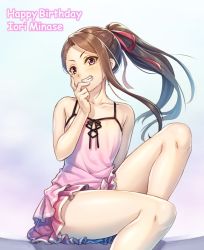 Rule 34 | 1girl, alternate hairstyle, bare shoulders, blush, brown hair, camisole, character name, collarbone, frilled skirt, frills, grin, hair ribbon, hand on own face, happy birthday, idolmaster, idolmaster (classic), legs, long hair, long legs, minase iori, nanaran, pink camisole, pink eyes, pink skirt, ponytail, red ribbon, ribbon, sitting, skirt, smile, solo